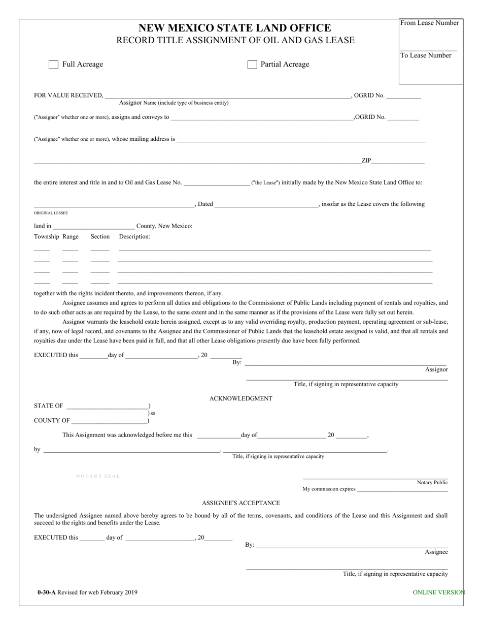Form 0-30-A Record Title of Assignment of Oil and Gas Lease - New Mexico, Page 1
