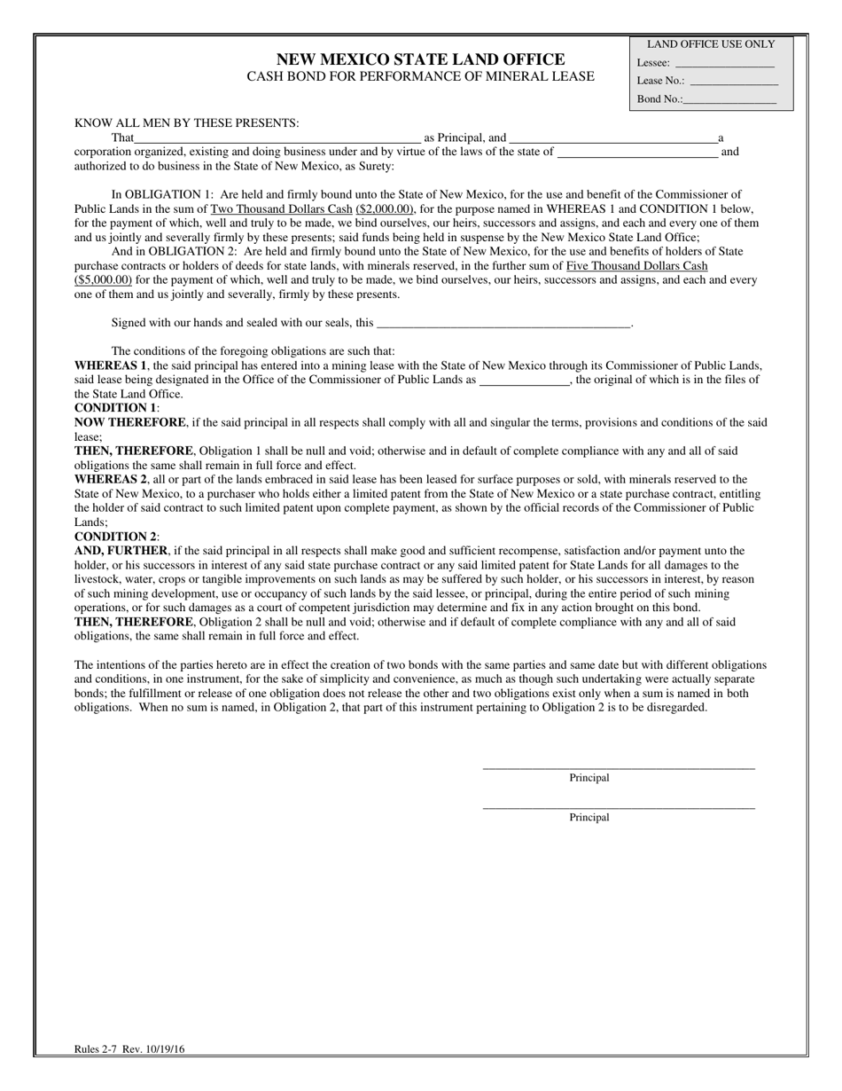 Cash Bond for Performance of Mineral Lease - New Mexico, Page 1