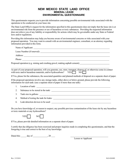 Mineral Lease Environmental Questionnaire - New Mexico