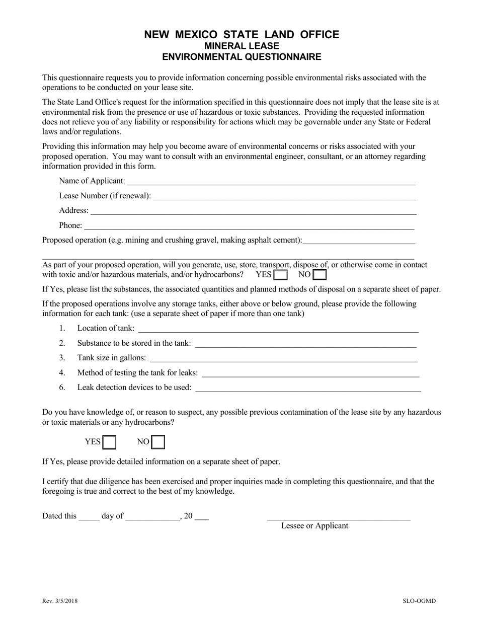 Mineral Lease Environmental Questionnaire - New Mexico, Page 1
