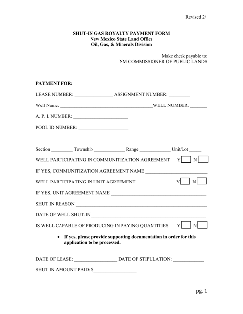 Shut-In Gas Royalty Payment Form - New Mexico Download Pdf