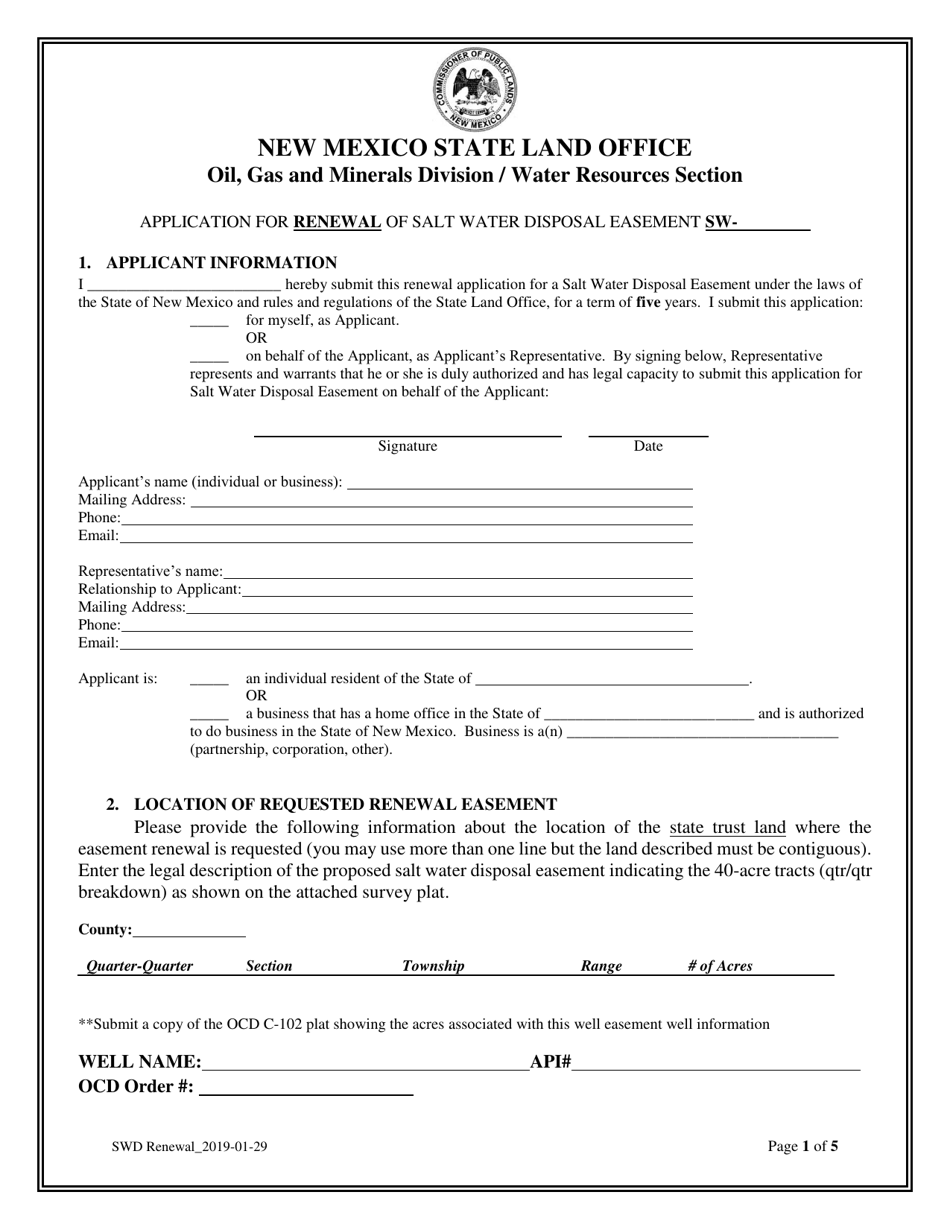 Application for Renewal of Salt Water Disposal Easement - New Mexico, Page 1