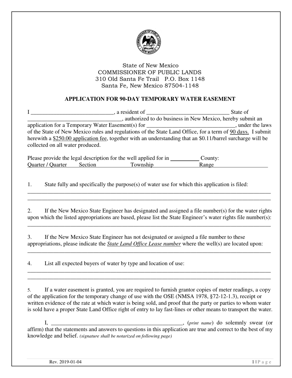 Application for 90-day Temporary Water Easement - New Mexico, Page 1