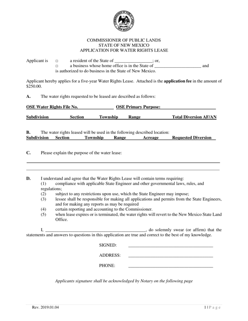 Application for Water Rights Lease - New Mexico Download Pdf
