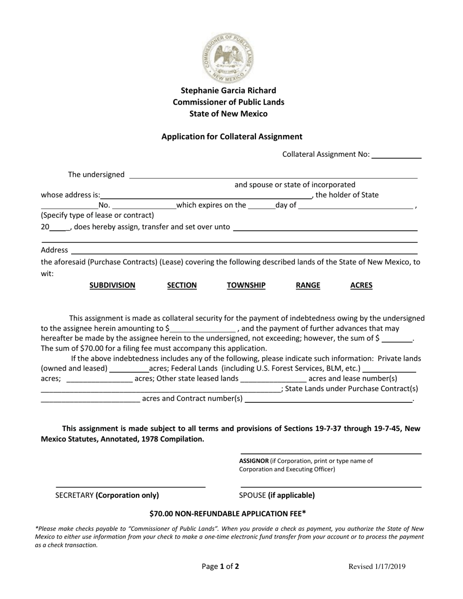 Application for Collateral Assignment - New Mexico, Page 1