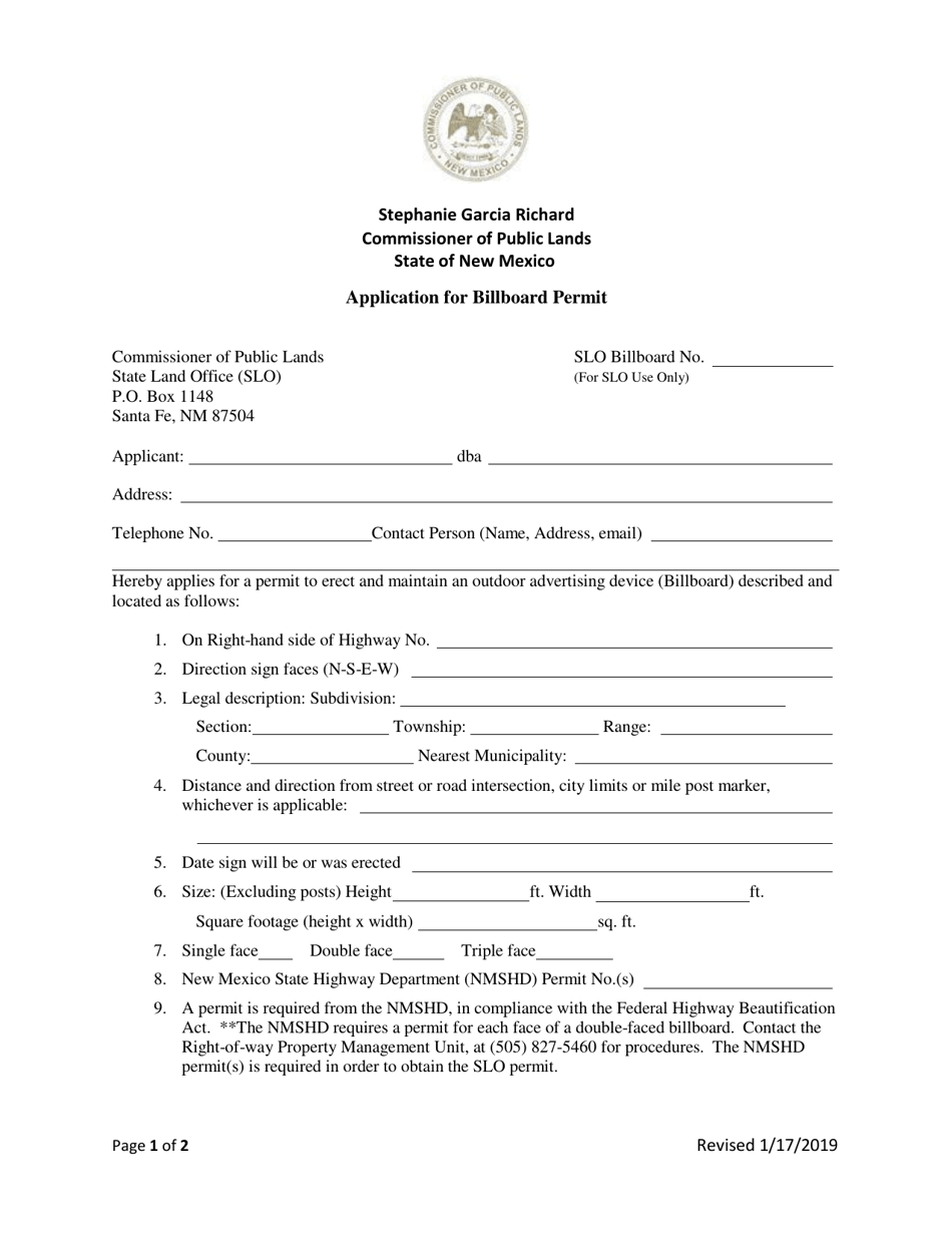 Application for Billboard Permit - New Mexico, Page 1