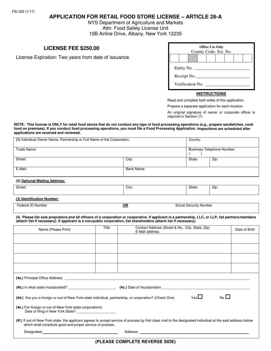 Form FSI302 Application for Retail Food Store License - Article 28-a - New York, Page 1