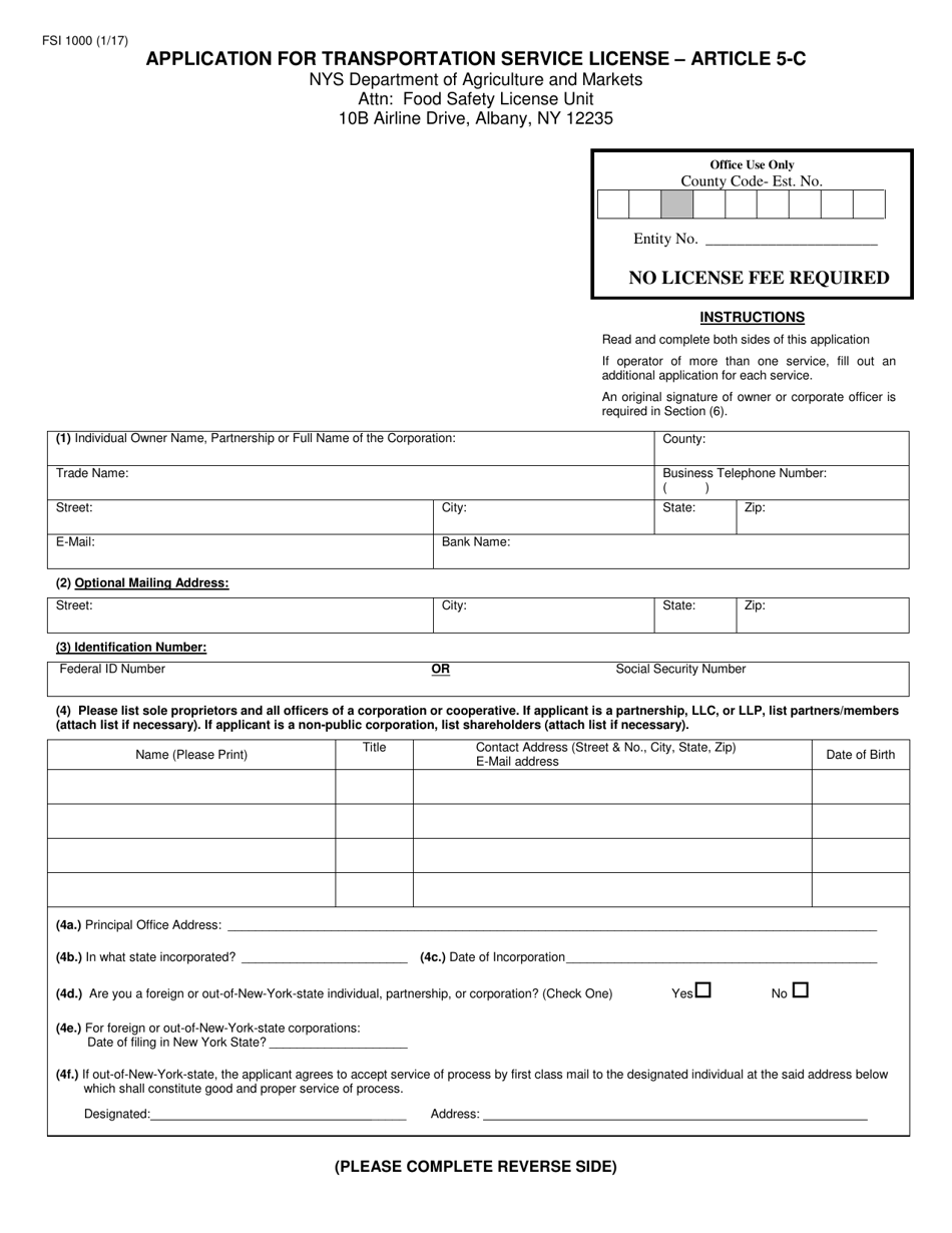 Form FSI1000 Application for Transportation Service License - Article 5-c - New York, Page 1