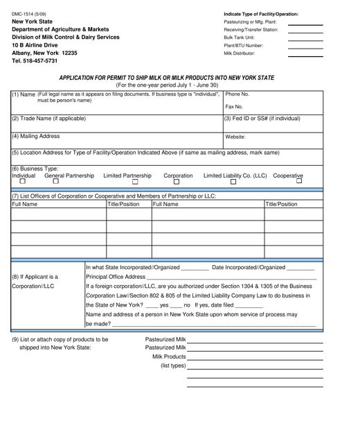 Form DMC-1514 Application for Permit to Ship Milk or Milk Products Into New York State - New York