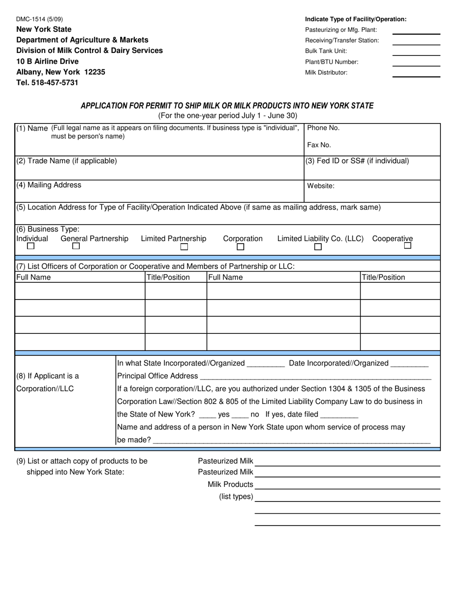 Form DMC-1514 Application for Permit to Ship Milk or Milk Products Into New York State - New York, Page 1