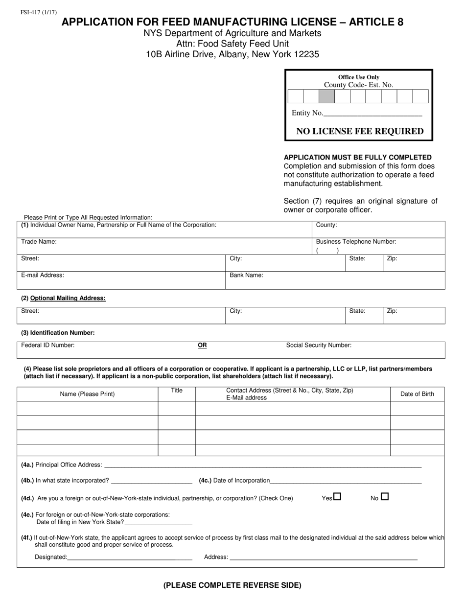 Form FSI-417 Application for Feed Manufacturing License - Article 8 - New York, Page 1