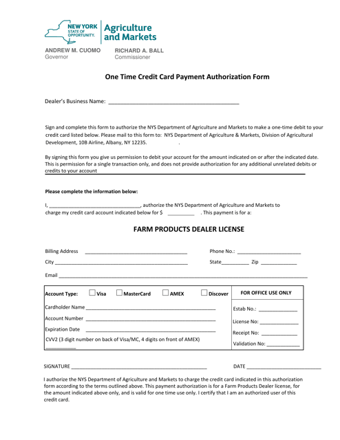 One Time Credit Card Payment Authorization Form - New York Download Pdf
