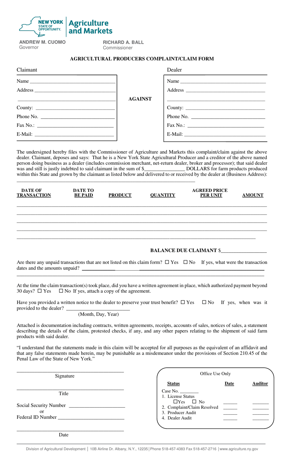 Agricultural Producers Complaint / Claim Form - New York, Page 1