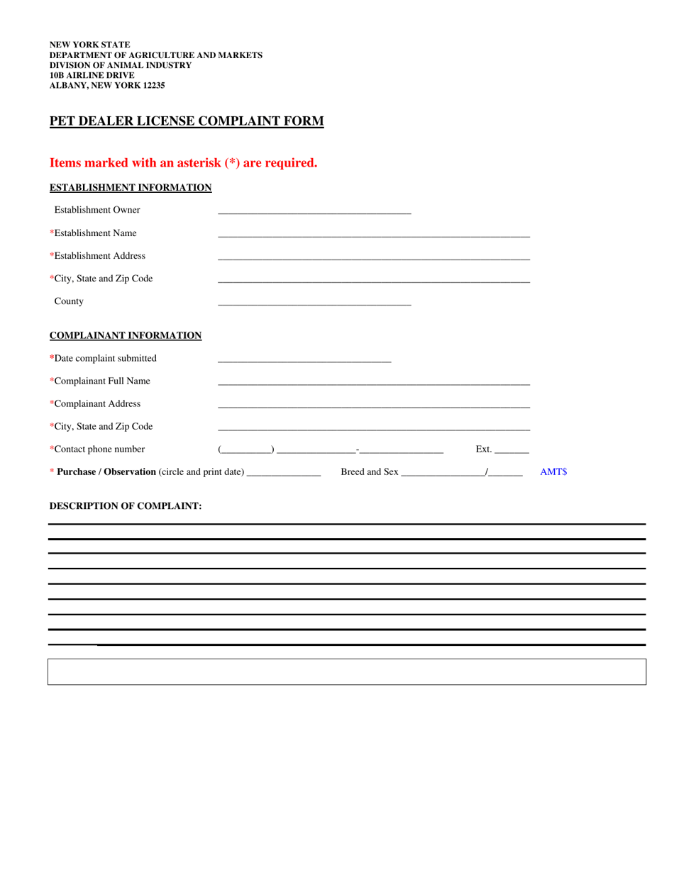 Pet Dealer License Complaint Form - New York, Page 1