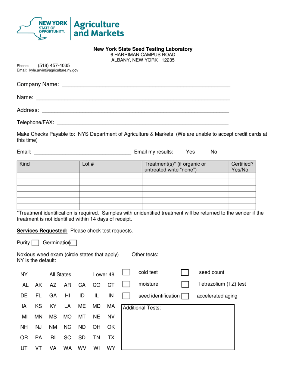 Seed Testing Laboratory Submission Form - New York, Page 1