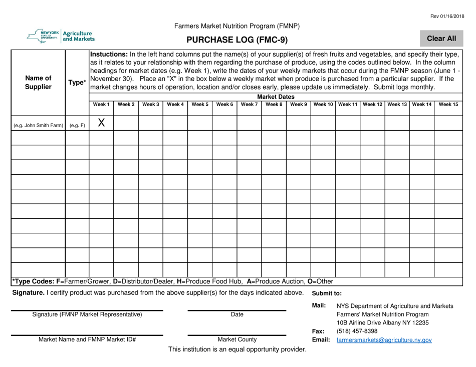 Form FMC-9 Purchase Log - New York, Page 1