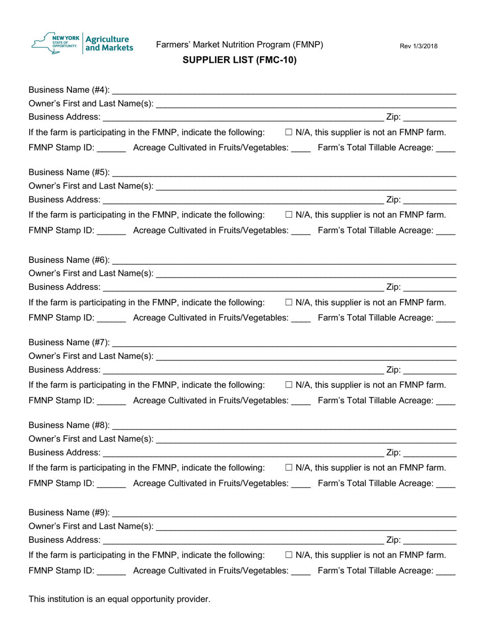Form FMC-10 Supplier List - New York, Page 2