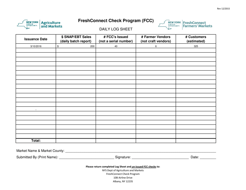 Freshconnect Check Program (FCC) Daily Log Sheet - New York