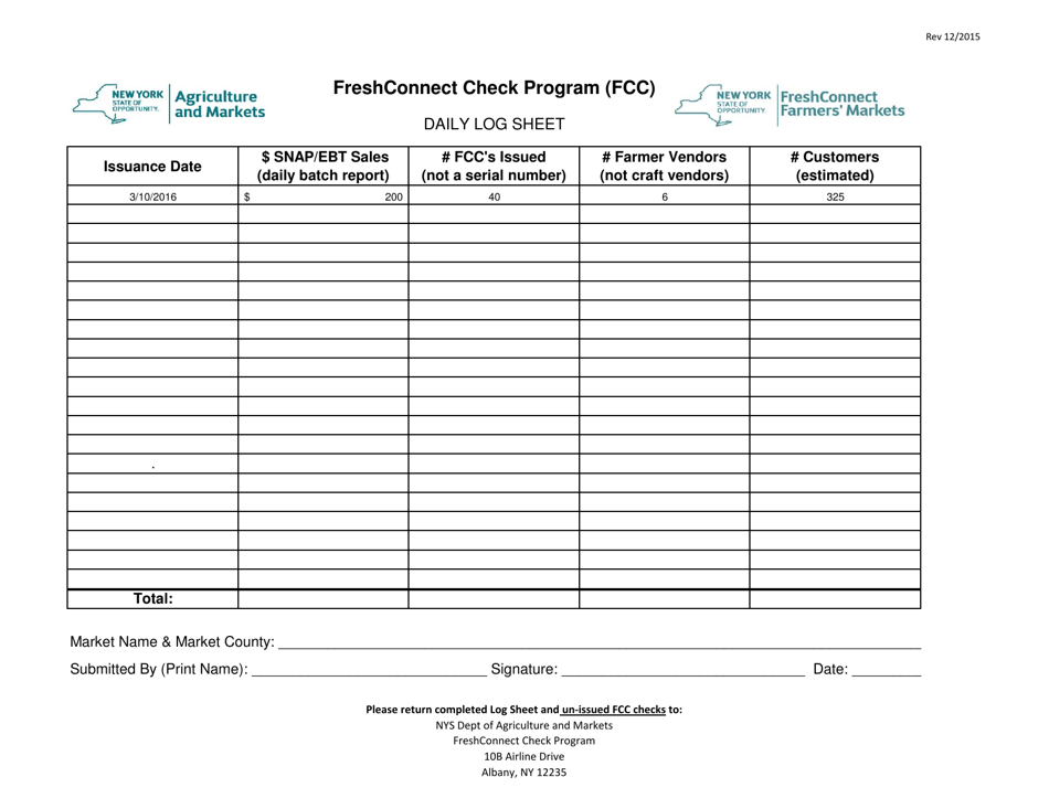 Freshconnect Check Program (FCC) Daily Log Sheet - New York, Page 1