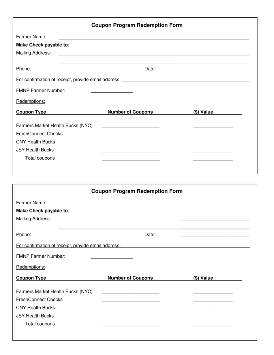New York Farmers' Market Health Bucks Redemption Form Fill Out, Sign