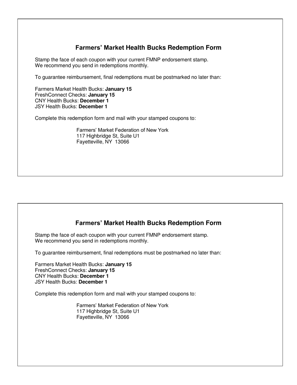Farmers Market Health Bucks Redemption Form - New York, Page 2