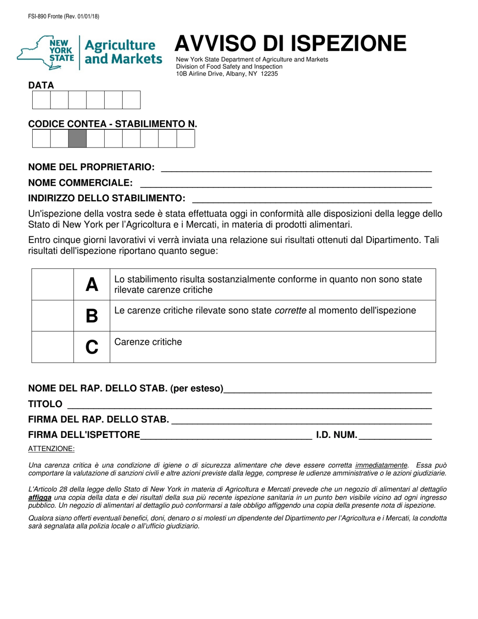 Form FSI-890 Notice of Inspection - New York (Italian), Page 1