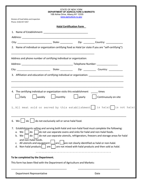Halal Certification Form - New York Download Pdf