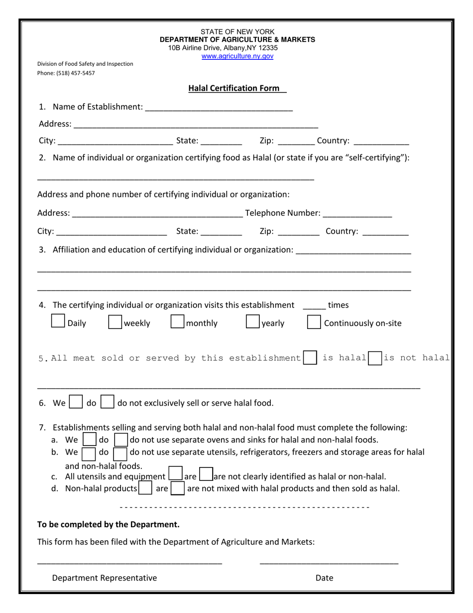 Halal Certification Form - New York, Page 1