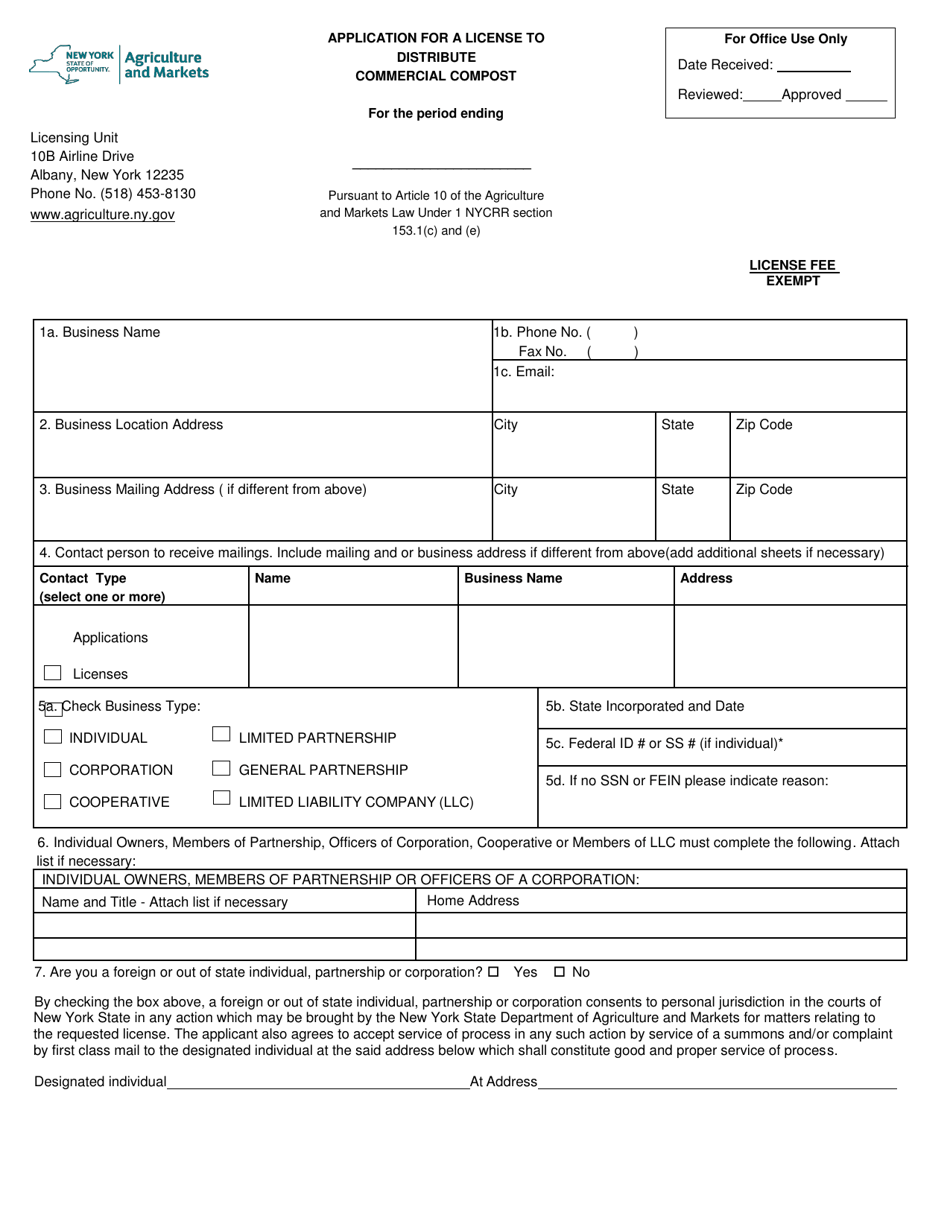 Application for a License to Distribute Commercial Compost - New York, Page 1