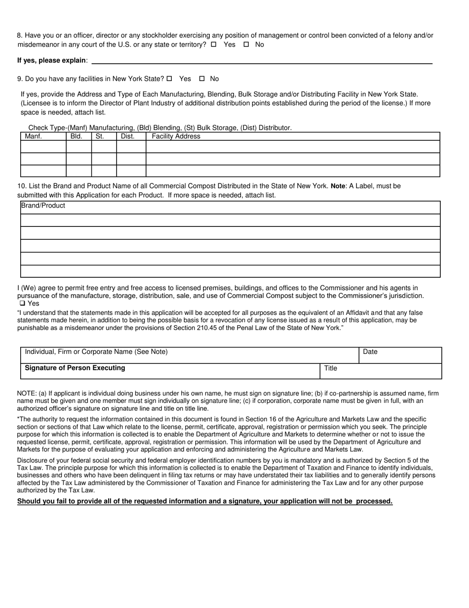 Application for a License to Distribute Commercial Compost - New York, Page 2