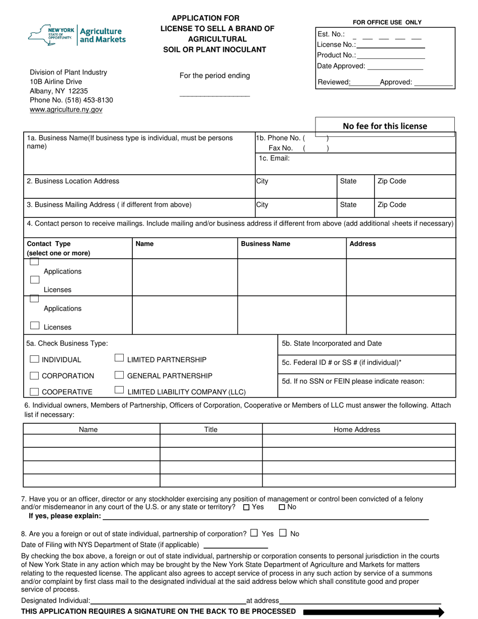 Application for License to Sell a Brand of Agricultural Soil or Plant Inoculant - New York, Page 1