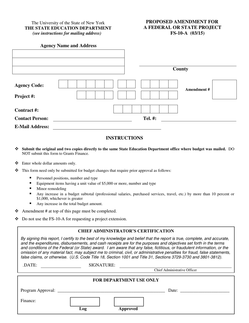Form FS-10-A Proposed Amendment for a Federal or State Project - New York, Page 1