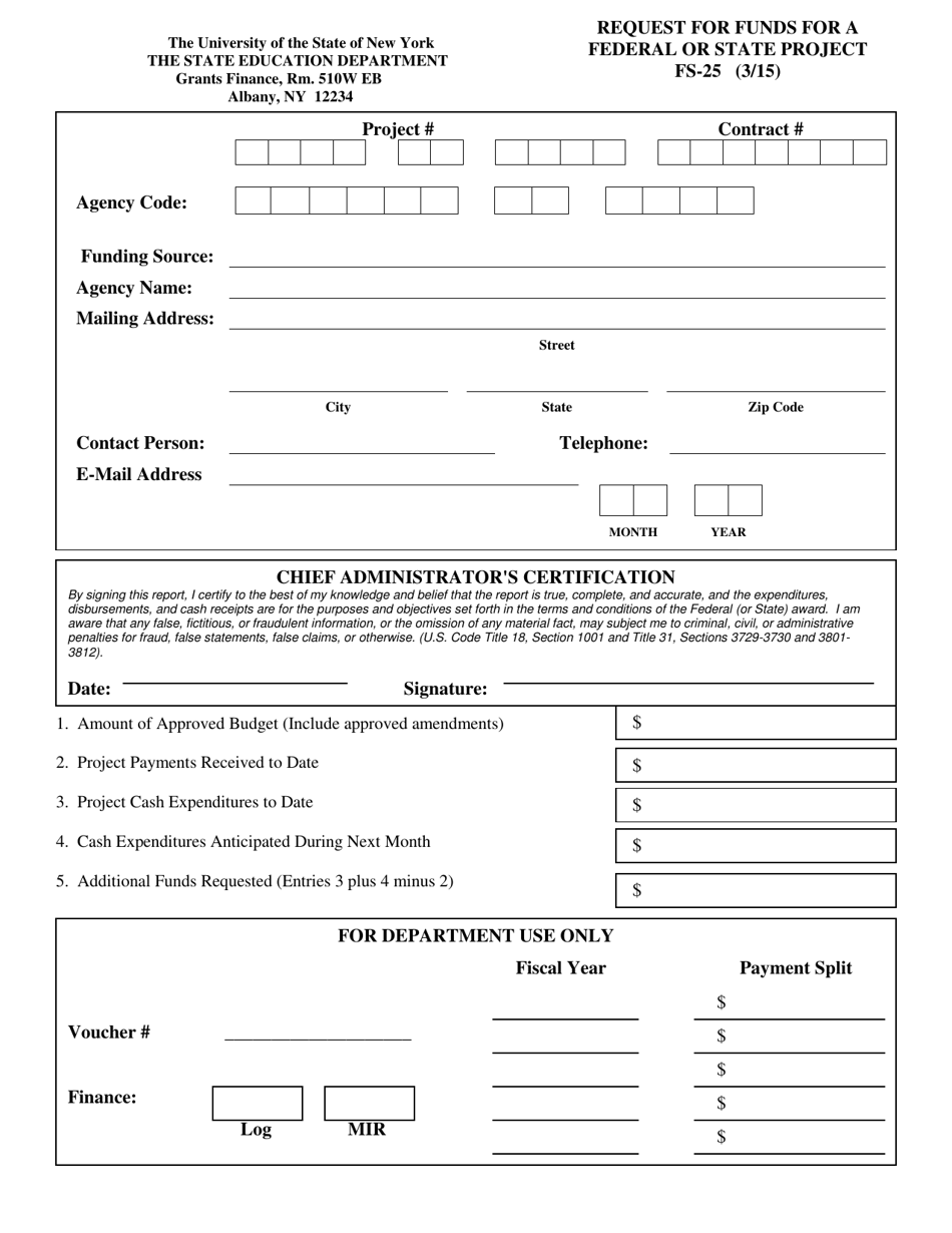 Form FS-25 Request for Funds for a Federal or State Project - New York, Page 1