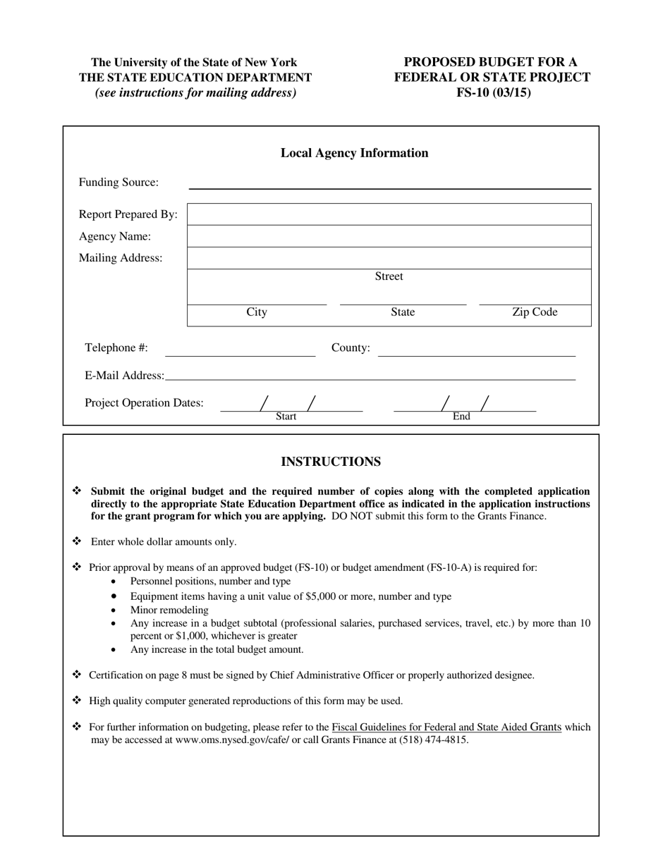 Form FS-10 Proposed Budget for a Federal or State Project - New York, Page 1