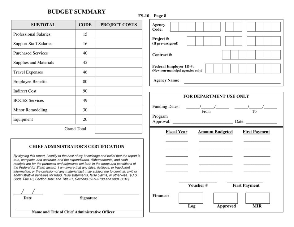Form FS-10 Proposed Budget for a Federal or State Project - New York, Page 8