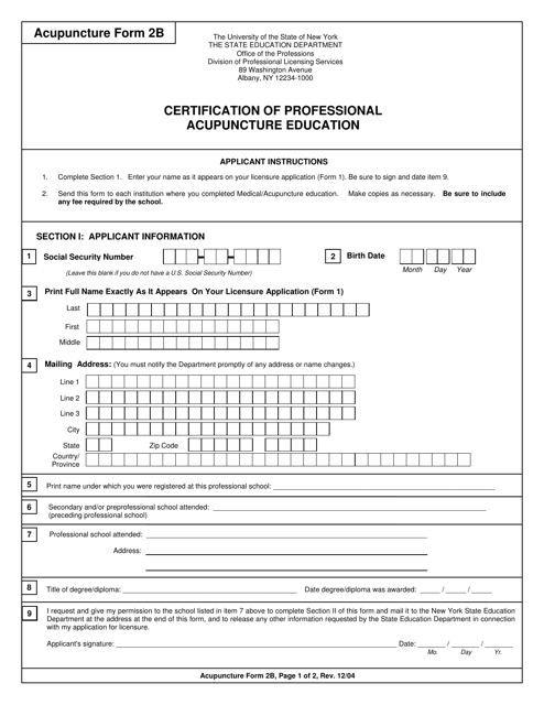 Acupuncture Form 2B Certification of Professional Acupuncture Education - New York