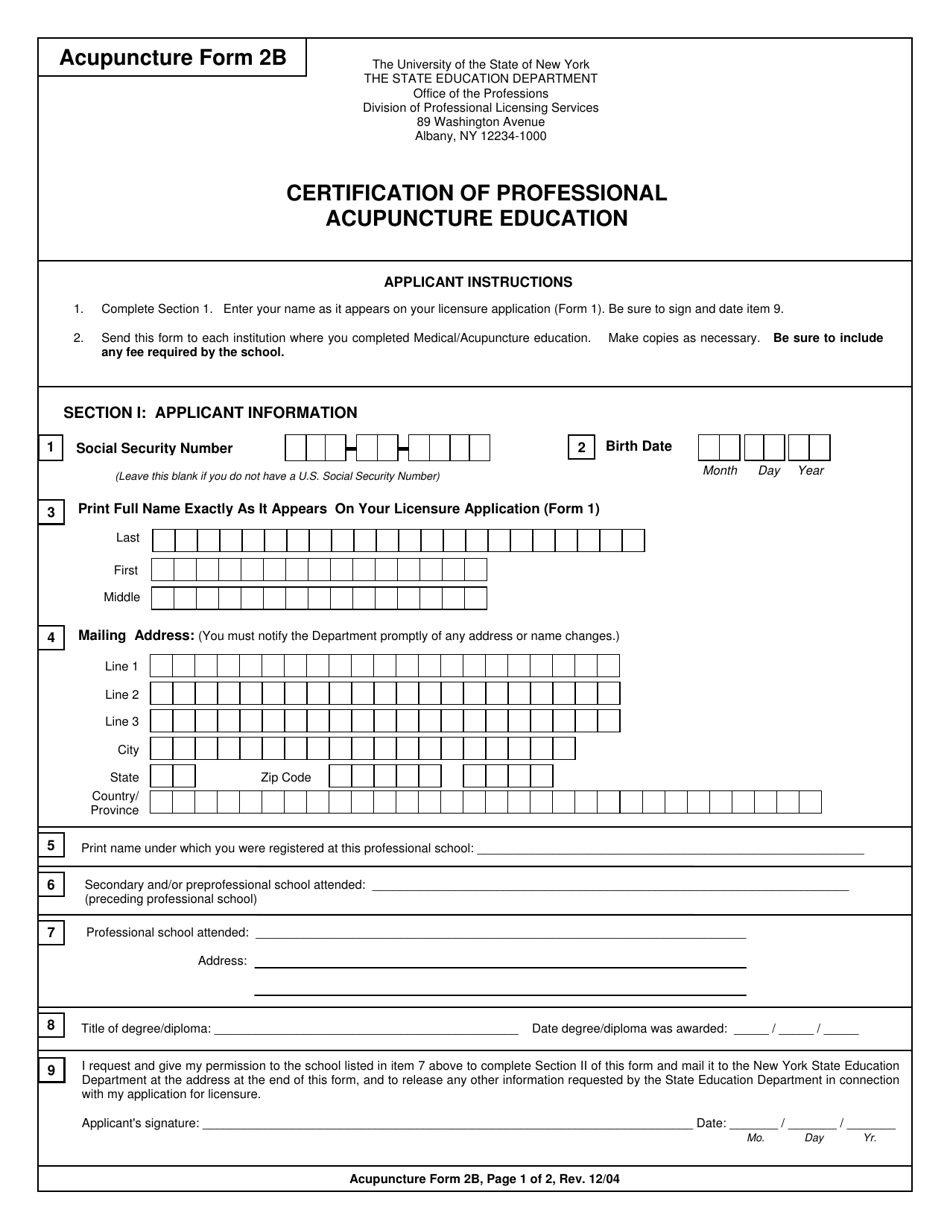 Acupuncture Form 2B Certification of Professional Acupuncture Education - New York, Page 1