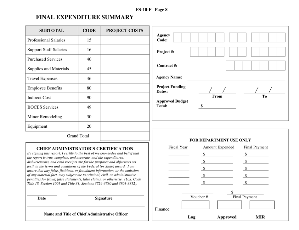Form FS-10-F Final Expenditure Report for a Federal or State Project - Long Form - New York, Page 8