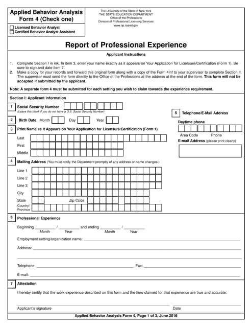 Applied Behavior Analysis Form 4 Report of Professional Experience - New York