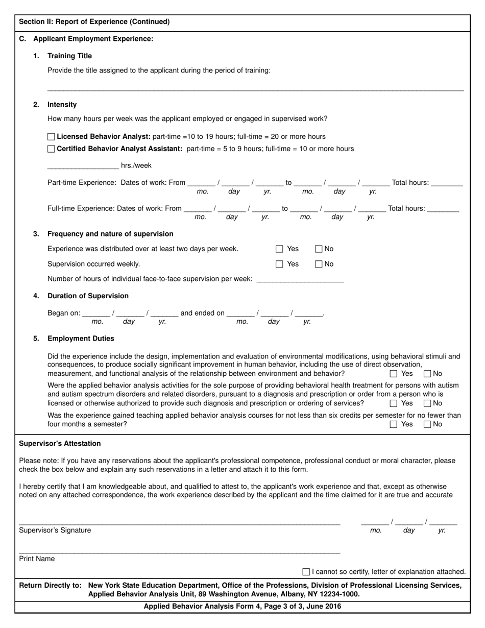 Applied Behavior Analysis Form 4 Report of Professional Experience - New York, Page 3