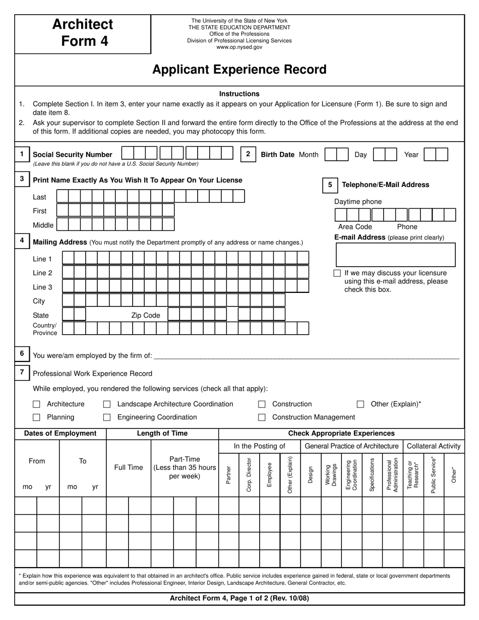 Architect Form 4 Applicant Experience Record - New York, Page 1