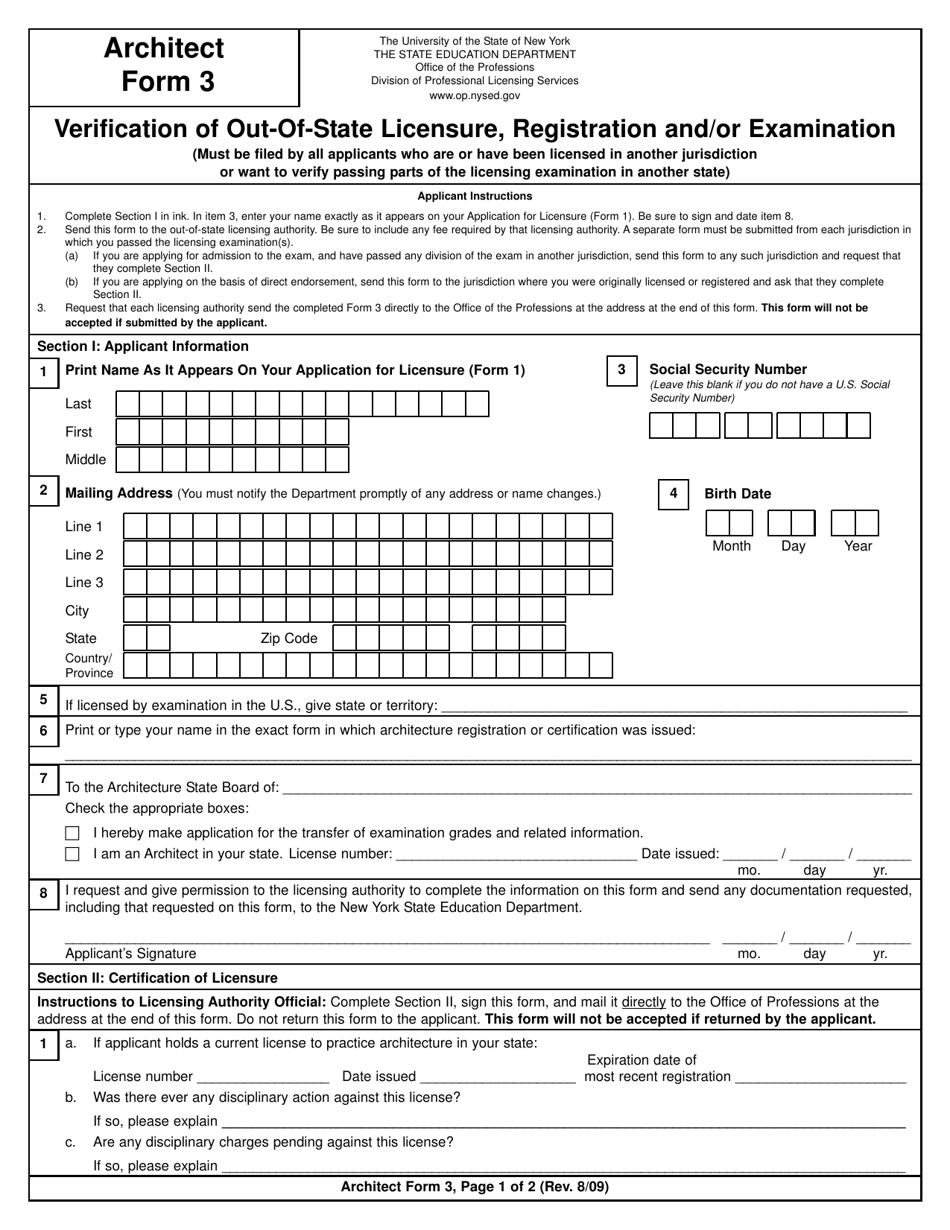 Architect Form 3 Verification of Out-of-State Licensure, Registration and / or Examination - New York, Page 1