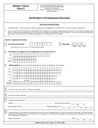 Athletic Trainer Form 2 Certification of Professional Education - New York