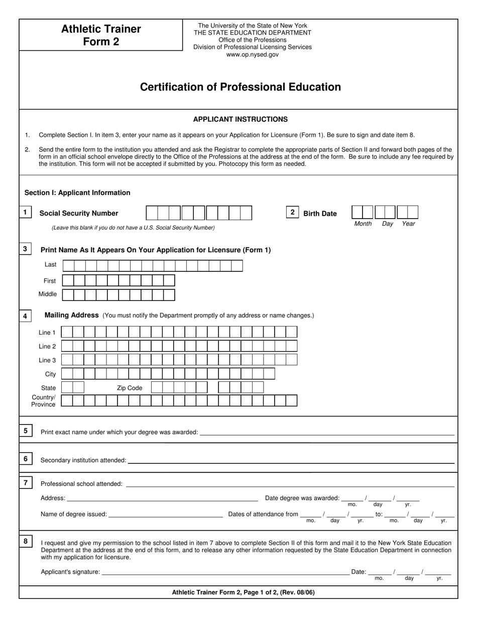 Athletic Trainer Form 2 Certification of Professional Education - New York, Page 1