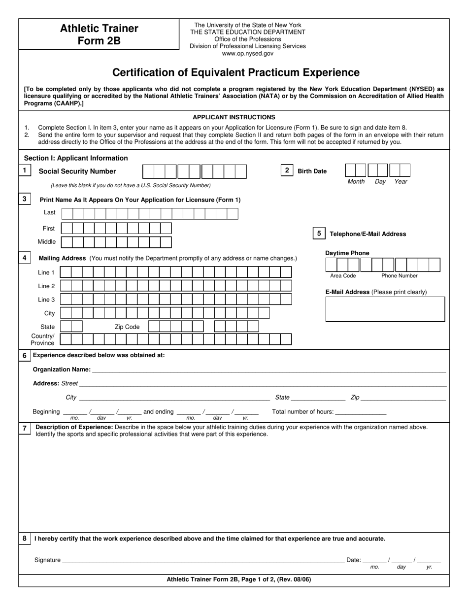 Athletic Trainer Form 2B Certification of Equivalent Practicum Experience - New York, Page 1