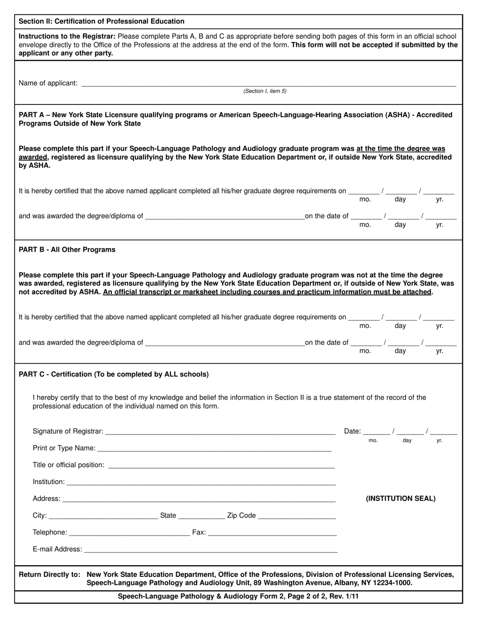 Speech-Language Pathology  Audiology Form 2 Certification of Professional Education - New York, Page 2