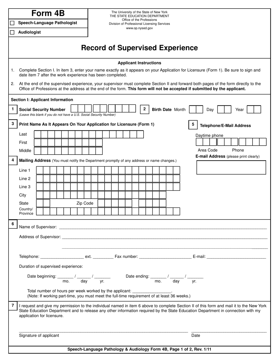 Speech-Language Pathology  Audiology Form 4B Record of Supervised Experience - New York, Page 1