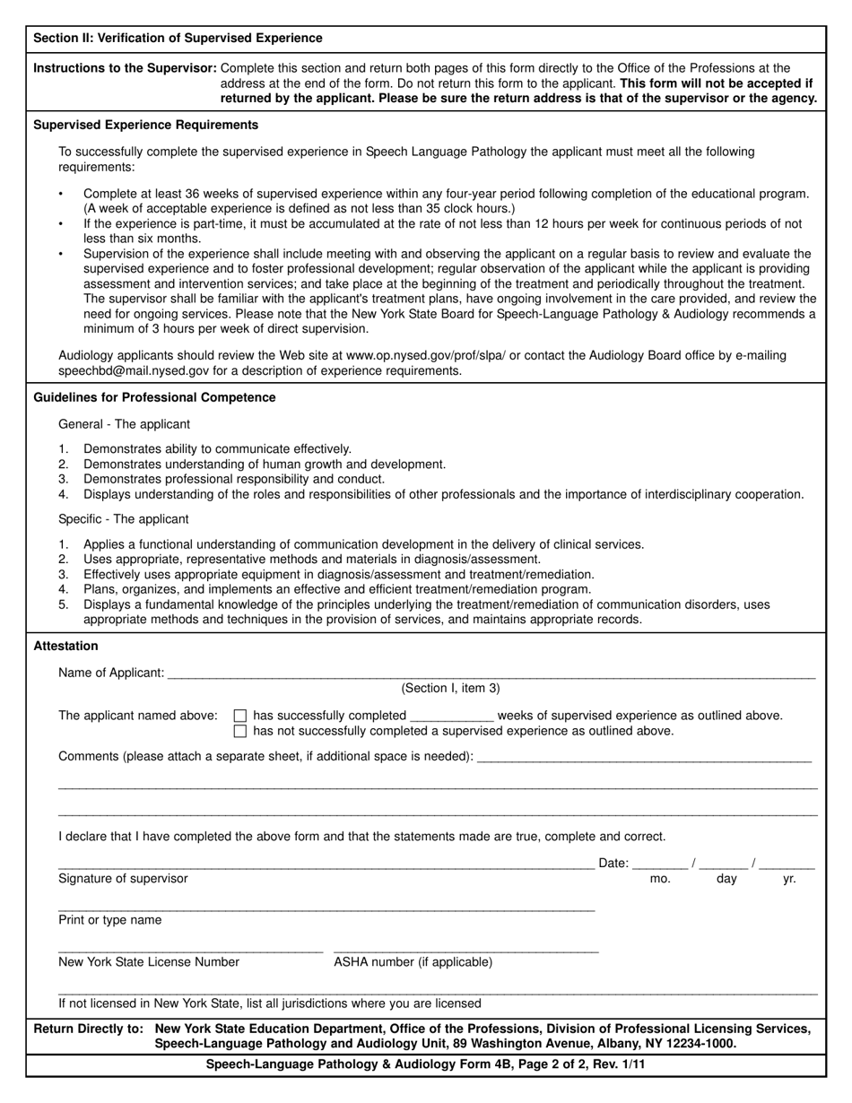 Speech-Language Pathology  Audiology Form 4B Record of Supervised Experience - New York, Page 2