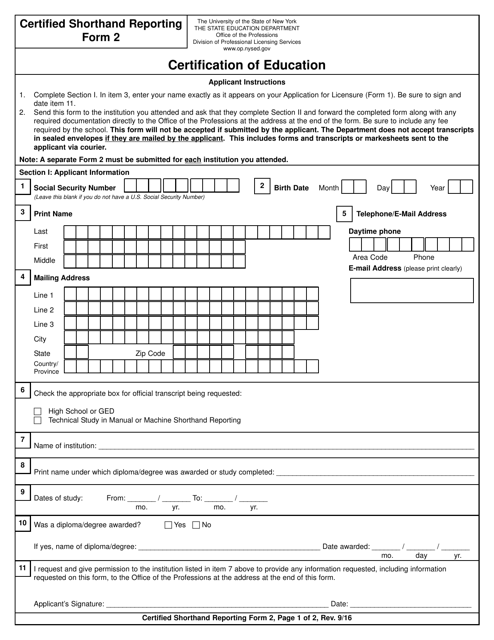 Certified Shorthand Reporting Form 2  Printable Pdf