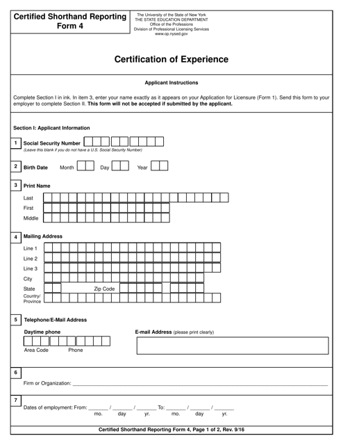Certified Shorthand Reporting Form 4  Printable Pdf